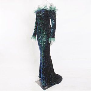 Sequin Feather Velvet Party Dress Black